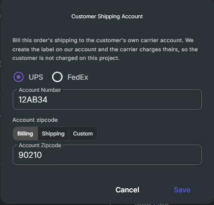 The Set Customer Shipping Account dialog