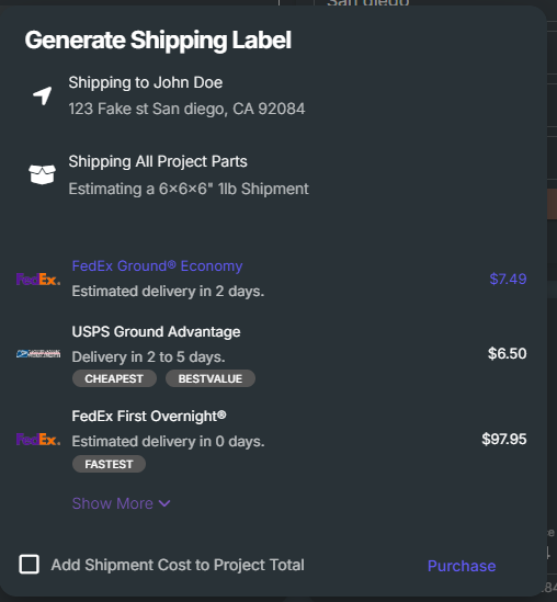 The Generate Shipping Label window