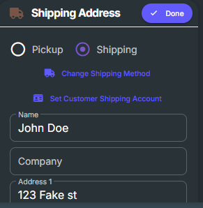 The Shipping Address edit view, with the Change Shipping Method and Set Customer Shipping Account buttons